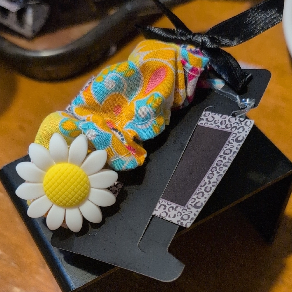 Floral Yellow Hair Scrunchie with Daisy Accent